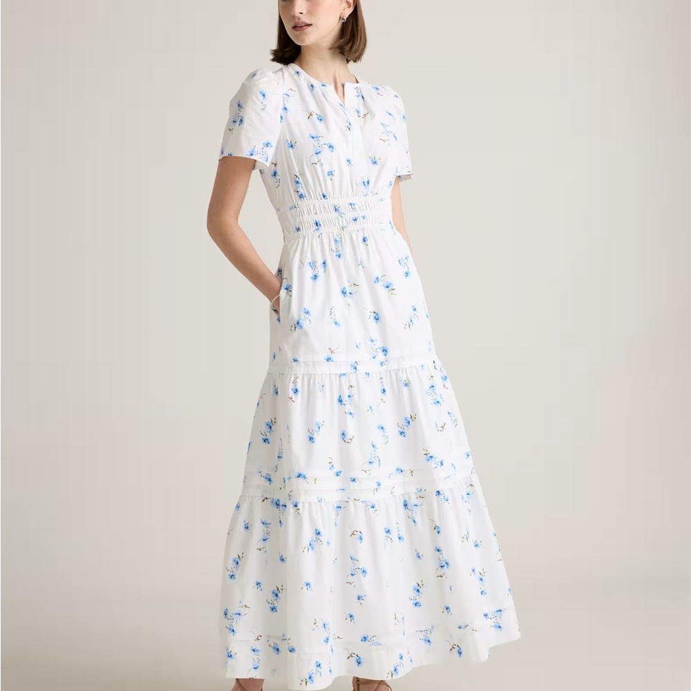 Quince White and Blue Tiered Maxi Sundress